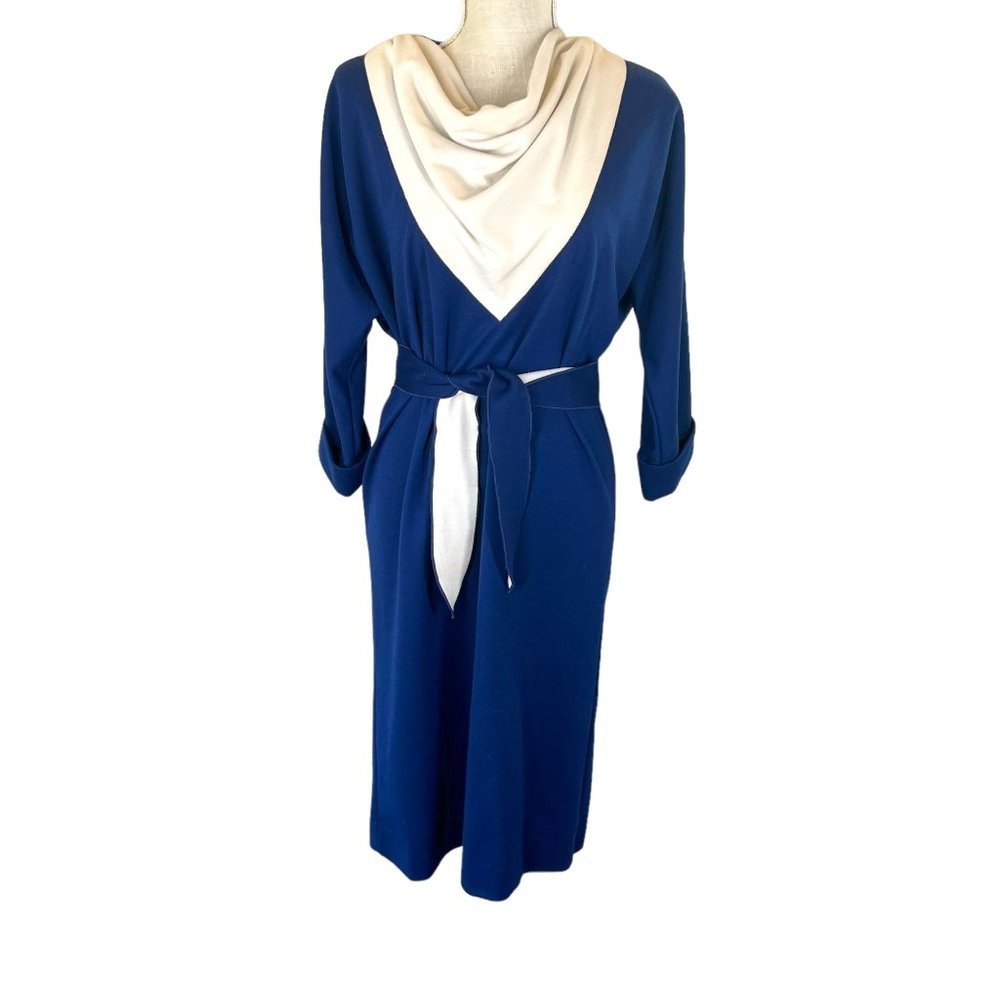 Vintage 80s Leslie Fay Blue Cream Drape Neck Long Sleeve Belted Midi Dress Mediu